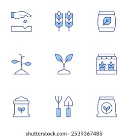 Gardening icons set. Line Duotone style, editable stroke. crop, gardening, gardening tools, fertilizer, seedling, sprout, compost, soil.