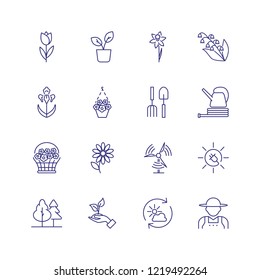 Gardening icons. Set of line icons on white background. Flowers, gardening tools, agricultural worker. Floriculture concept. Vector can be used for topics like plants, botany, agriculture