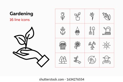 Gardening icons. Set of line icons on white background. Flowers, gardening tools, agricultural worker. Floriculture concept. Vector can be used for topics like plants, botany, agriculture