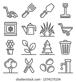 Gardening Icons Set on White Background. Line Style Vector