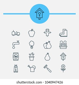 Gardening icons set with overalls, pear, fruits and other watering can elements. Isolated vector illustration gardening icons.