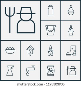 Gardening icons set with packet, eggs, milk can and other hanger elements. Isolated vector illustration gardening icons.