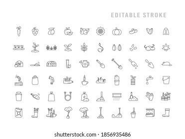Gardening icons set. Pictograms for growing plant, flower, vegetable, fruit. Garden tools for working with seeds, soil, ground. Black linear editable stroke emblem. Contour isolated vector