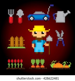 Gardening icons set. Pixel art. Old school computer graphic style. Games elements.