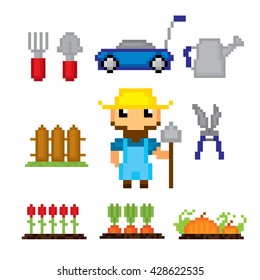 Gardening icons set. Pixel art. Old school computer graphic style. Games elements.