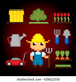 Gardening icons set. Pixel art. Old school computer graphic style. Games elements.