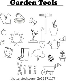 Gardening icons set. Planting, care, vegetable garden. Monochrome black and white icon.