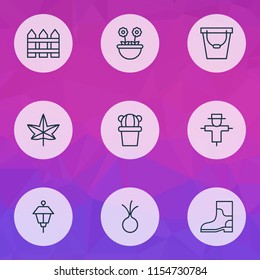 Gardening icons set with gardening shoes, fence, scarecrow and other pail elements. Isolated vector illustration gardening icons.