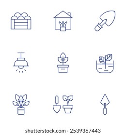 Gardening icons set. Thin Line style, editable stroke. harvest, lamp, plant, house plants, plant pot, shovel, sprout, trowel.