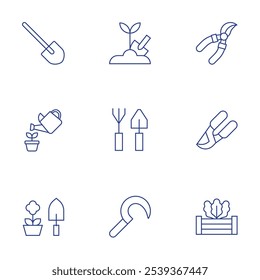 Gardening icons set. Thin Line style, editable stroke. gardening, shovel, sickle, pruning shears, raised bed, gardening tools, pliers, watering plants.