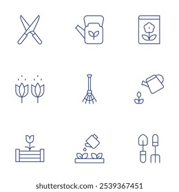 Gardening icons set. Thin Line style, editable stroke. gardening, pruning shears, raised bed, watering can, gardening tools, pollen, rake, watering plants.