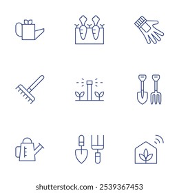 Gardening icons set. Thin Line style, editable stroke. gardening, gardening tools, gloves, greenhouse, watering can, shovel and rake, rake, watering plants.