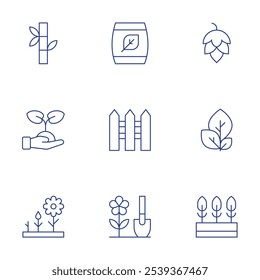 Gardening icons set. Thin Line style, editable stroke. bamboo, environmental protection, flower, compost, fence, gardening, hop, leaves, plant.