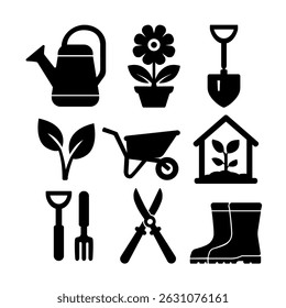 Gardening icons such as a watering can, potted flower, shovel, sprouting plant, wheelbarrow, greenhouse, hand shovel, garden fork, pruning shears, and rubber boots. For farming, horticulture designs.