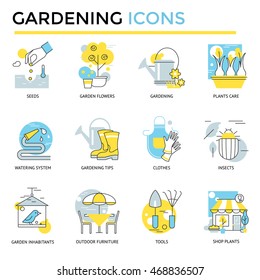 Iconos de jardinería, diseño plano y delgado