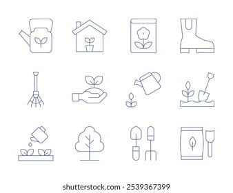 Gardening icons. Thin Line style, editable stroke. gardening, watering can, boot, farming, gardener, gardening tools, rake, seeds, sprout, tree, watering plants.