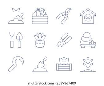 Gardening icons. Thin Line style, editable stroke. crate, fern, gardening, sickle, horticulture, lithotherapy, plant, pruning shears, raised bed, gardening tools, pliers.