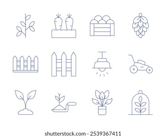 Iconos de jardinería. Estilo de línea delgada, carrera editable. zanahorias, valla, jardinería, lúpulo, cortadora de césped, planta, rama, cosecha, lámpara.