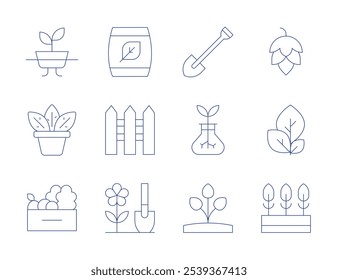 Iconos de jardinería. Estilo de línea delgada, trazo editable. compost, valla, jardinería, lúpulo, hojas, planta, hidropónico, vegetal, pala, brote.