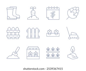 Iconos de jardinería. Estilo de línea delgada, carrera editable. zanahoria, valla, jardinería, lúpulo, cortadora de césped, planta, botas, cosecha, hidroponía.