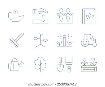 Gardening icons. Thin Line style, editable stroke. book, farming and gardening, garden, gardening, gardening tools, seedling, sprout, tree.