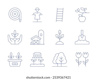 Iconos de jardinería. Estilo de línea delgada, carrera editable. árbol de manzana, excavación, flor, espantapájaros, silo, riego, manguera, planta, maceta, brote, escalera, árboles.