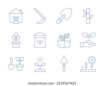 Iconos de jardinería. Estilo de línea delgada, carrera editable. bambú, protección del medio ambiente, flor, guadaña, suelo, sol, plantas de la casa, planta, maceta, pala, brote, paleta.