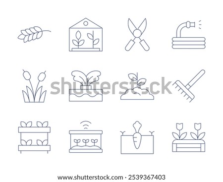 Gardening icons. Thin Line style, editable stroke. gardening, grain, pruning shears, greenhouse, hydroponic, plant, plants, reed, sprout, hose, garden, rake.