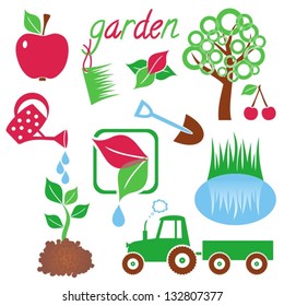Gardening icons with tree, apple, cherry, small lake, watering can, plants, spade and tractor