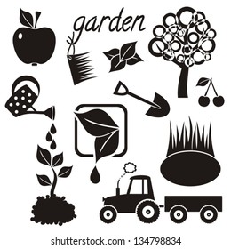 Gardening icons with tree, apple, cherry, small lake, watering can, plants, spade and tractor