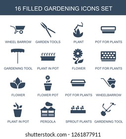 gardening icons. Trendy 16 gardening icons. Contain icons such as wheel barrow, garden tools, plant, pot for plants, gardening tool, plant in pot. gardening icon for web and mobile.