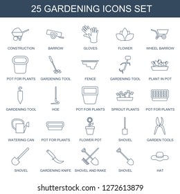 gardening icons. Trendy 25 gardening icons. Contain icons such as construction, barrow, gloves, flower, wheel barrow, pot for plants, gardening tool. gardening icon for web and mobile.