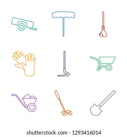 gardening icons. Trendy 9 gardening icons. Contain icons such as shovel, gardening tool, wheelbarrow, wheel barrow, hoe, gloves, rake, barrow. icon for web and mobile.