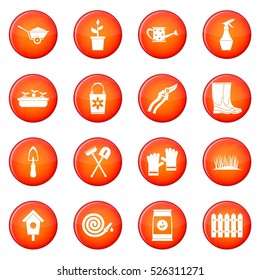 Gardening icons vector set of red circles isolated on white background