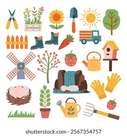 Gardening Icons: A vibrant collection of charming illustrations depicting gardening tools, plants, flowers, and nature elements. Perfect for blogs, websites, or educational materials.