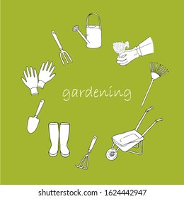 Gardening icons. Wheelbarrow, rubber boots, shovel, rake, mittens, watering can, planting hands ink hand drawn monochrome art design stock element for web, for print, for product design