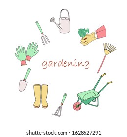 Gardening icons. Wheelbarrow, rubber boots, shovel, rake, mittens, watering can, planting hands ink hand drawn colorful art design element stock vector illustration for web, for print, for product des