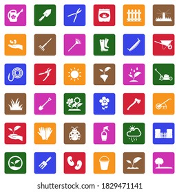 Gardening Icons. White Flat Collection In Square. Vector Illustration.