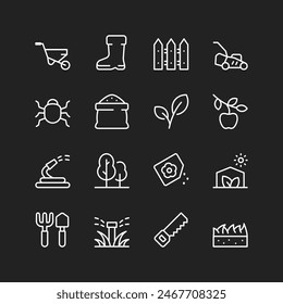 Gardening icons, white on black background. Caring for gardens, vegetable patches, landscapes, plants. Gardening tools. Customizable line thickness