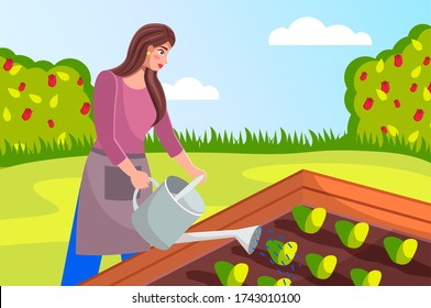 Gardening illustration. Woman dressed apron is pouring seedlings in the garden from a watering can. Spring gardening. Agriculture gardener hobby and garden job. Self-sufficiency concept. Flat image