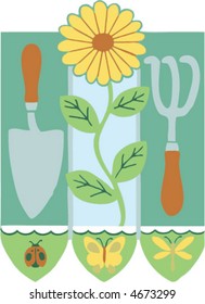 Gardening image with handrake, spade, flowers, ladybug, butterfly, and dragonfly.