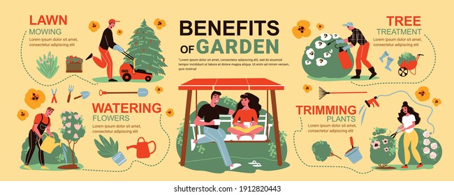 Gardening infographics with characters of gardeners with equipment icons flowers bushes trees and editable text captions vector illustration