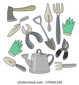 Gardening instruments like watering can, gloves, shovel and others. Vector illustration with strokes
