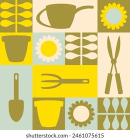 Gardening instruments, water cans and sun flowers geometric seamless
 pattern. Perfect summer print for paper, textile and fabric. Hand drawn vector illustration for decor and design.