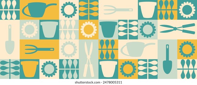 Gardening instruments, water cans and sun flowers geometric horizontal banner. Hand drawn vector summer print.