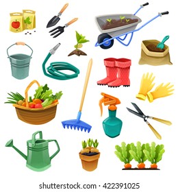 Gardening isolated color icons with handcart  hose for watering rubber boots bag of fertilizer and basket with vegetables vector illustration 