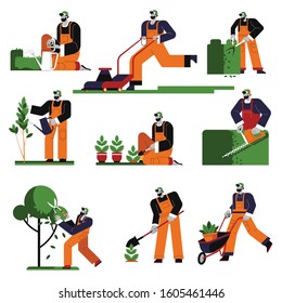 Gardening isolated icons, gardener with water can and lawn mower