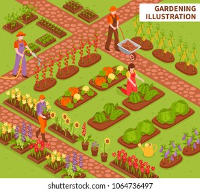 Gardening isometric composition with fruit flowers and vegetables symbols vector illustration