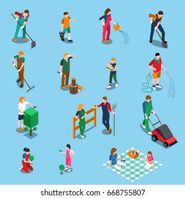 Gardening isometric icons set with people working in garden and relaxing in nature isolated on blue background vector illustration  