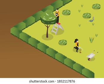 Gardening isometric vector concept: Husband cutting the tree while wife wearing facemask growing plants
